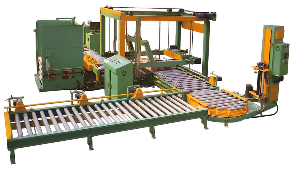 automatic palletizing and stretch film wrapping line